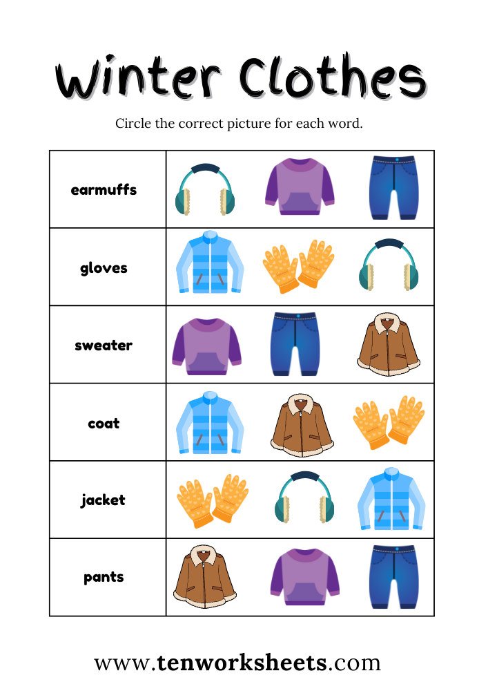 Circle the Correct Picture Worksheet PDF with Winter Clothes - Ten ...